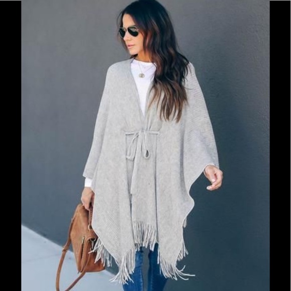 Vici Sweaters - NWOT Grey Belted Fringe Ruana